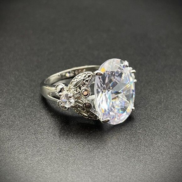.925 Sterling Silver with Large Oval White Diamond Cubic Zirconia Ring Size 9 - Picture 7 of 10